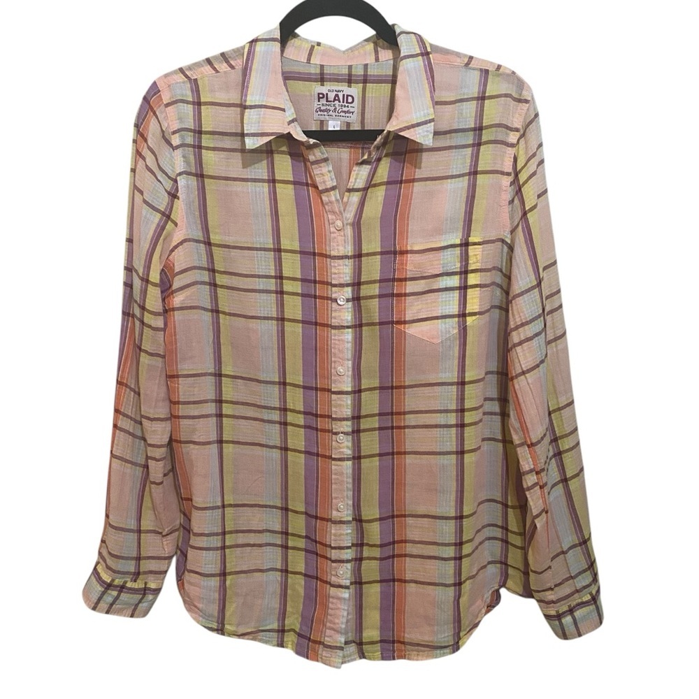 Y2K Old Navy Sheer Madras Classic Plaid Button Up Shirt Cotton Preppy Coastal